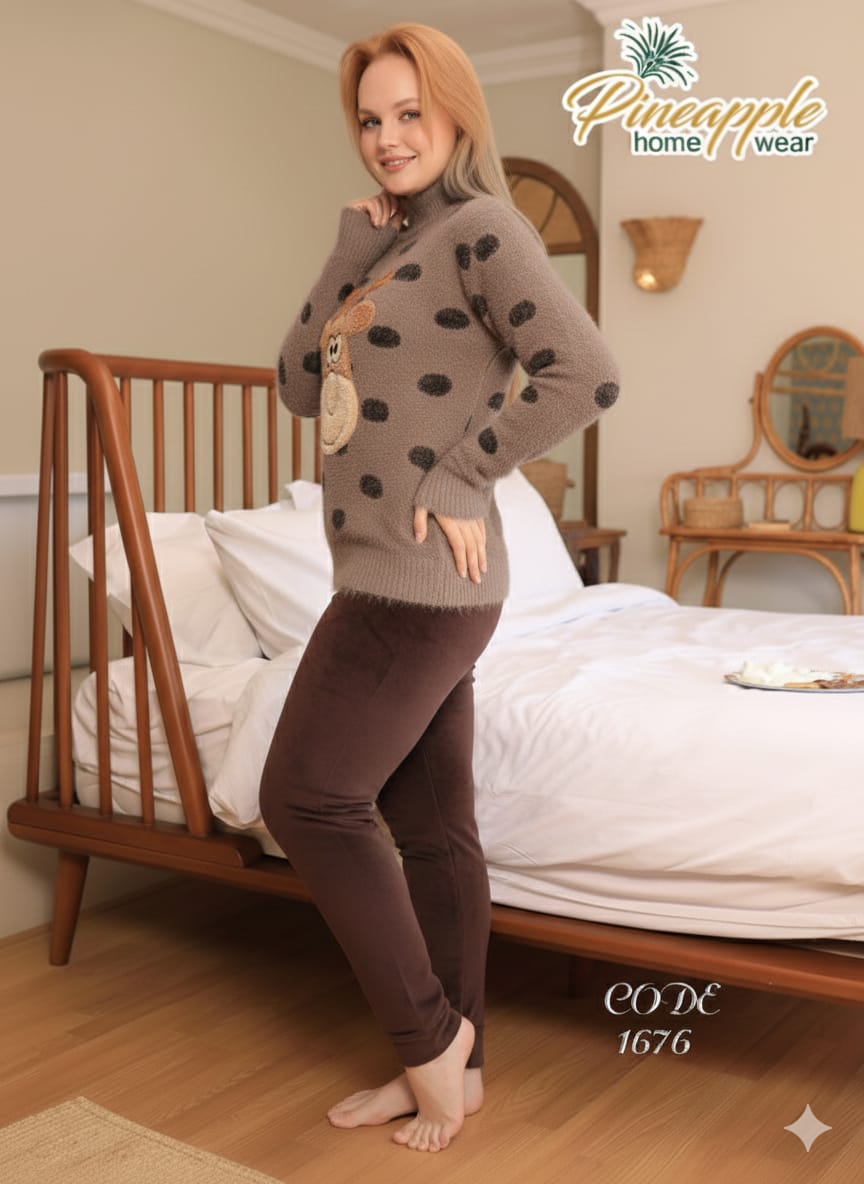 Woman wearing a brown polka dot sweater and pants in a bedroom setting with 'Pineapple Home Wear' branding.