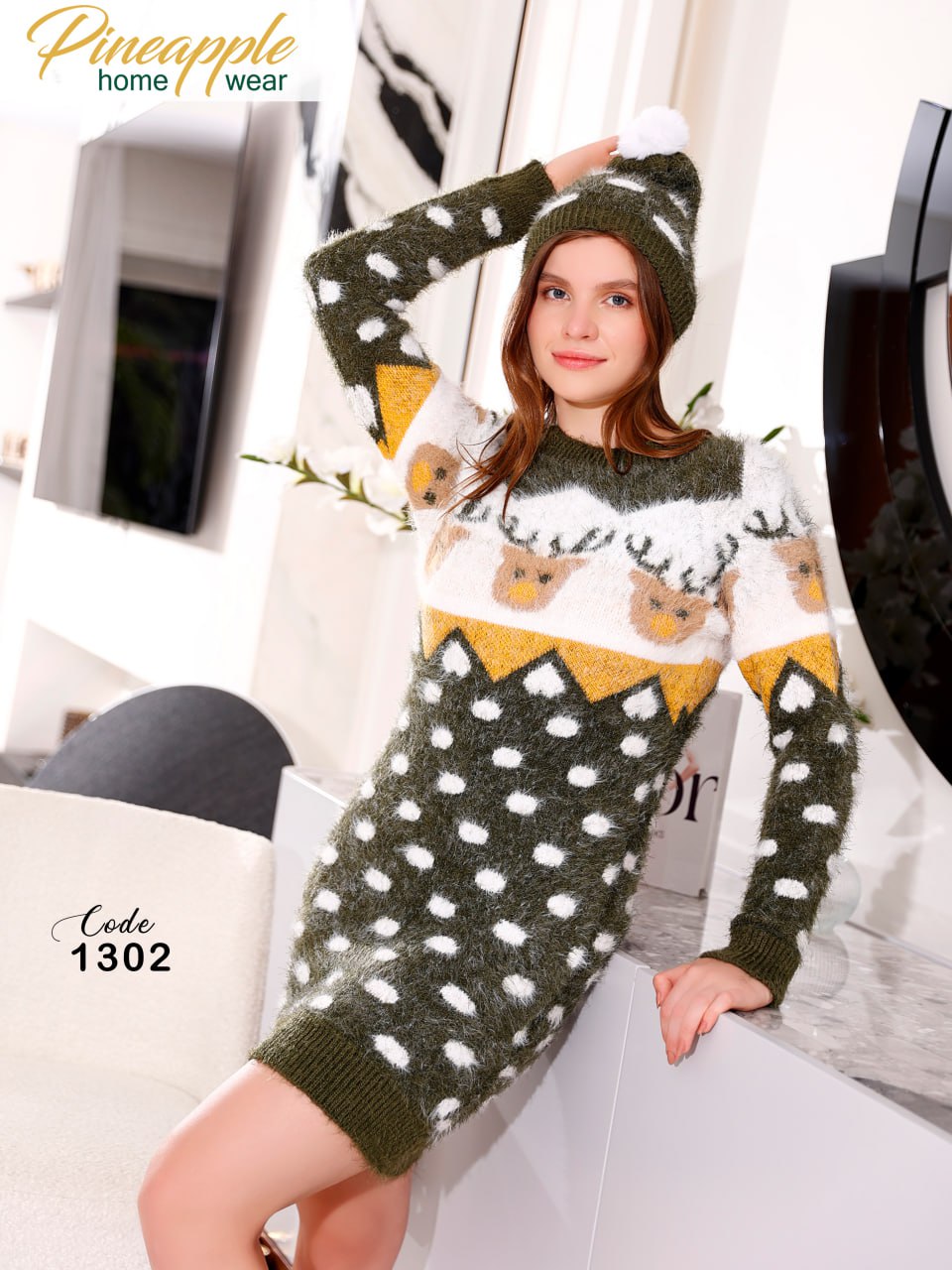 Women's Forest Green Reindeer Sweater Dress with Beanie