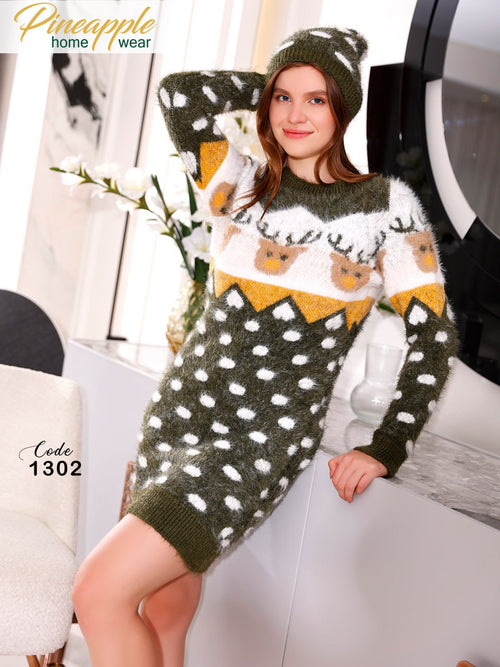 Women's Forest Green Reindeer Sweater Dress with Beanie