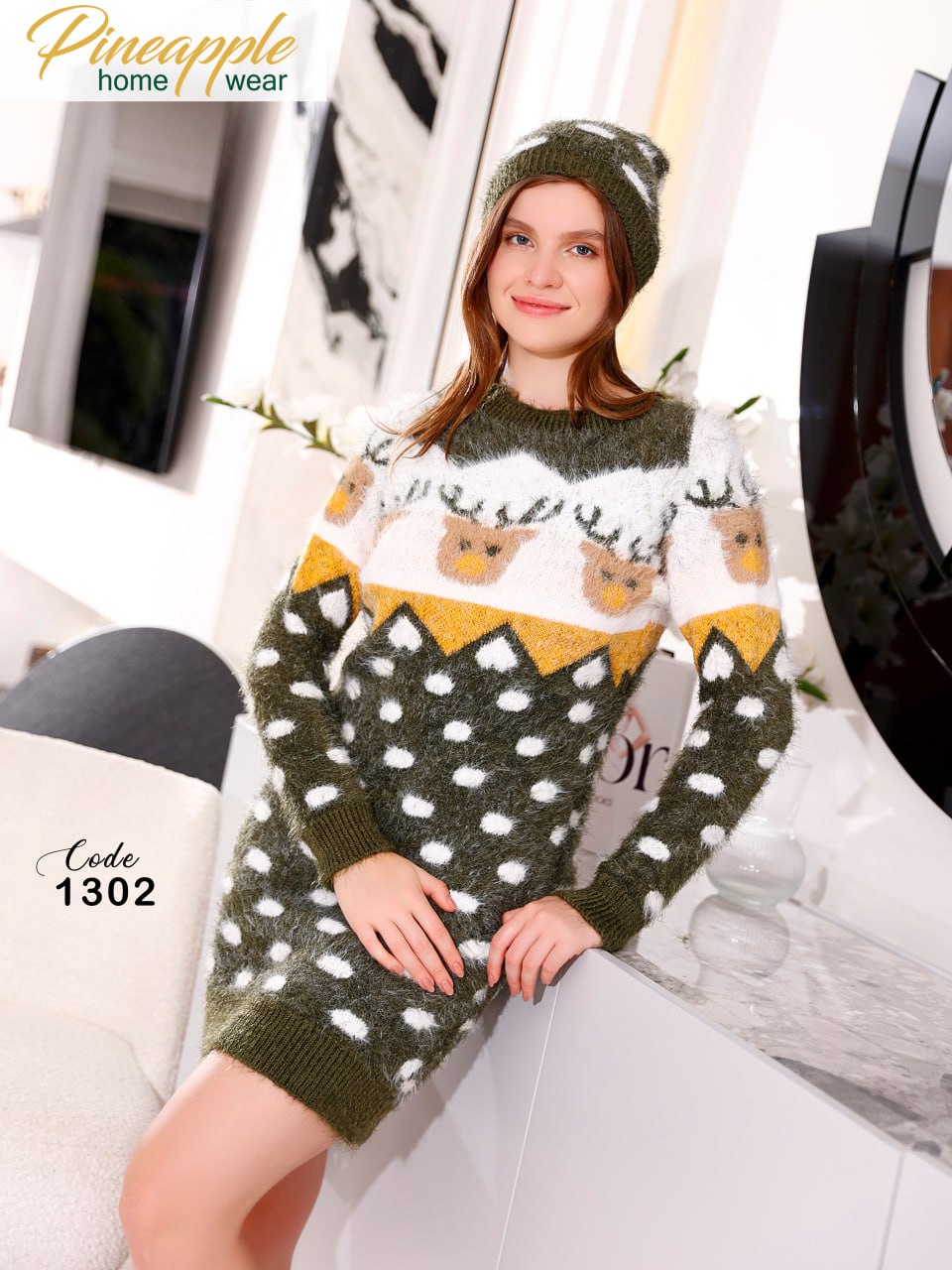 Women's Forest Green Reindeer Sweater Dress with Beanie