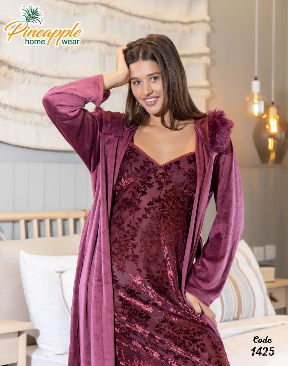 A luxurious maroon velvet nightgown paired with a matching robe