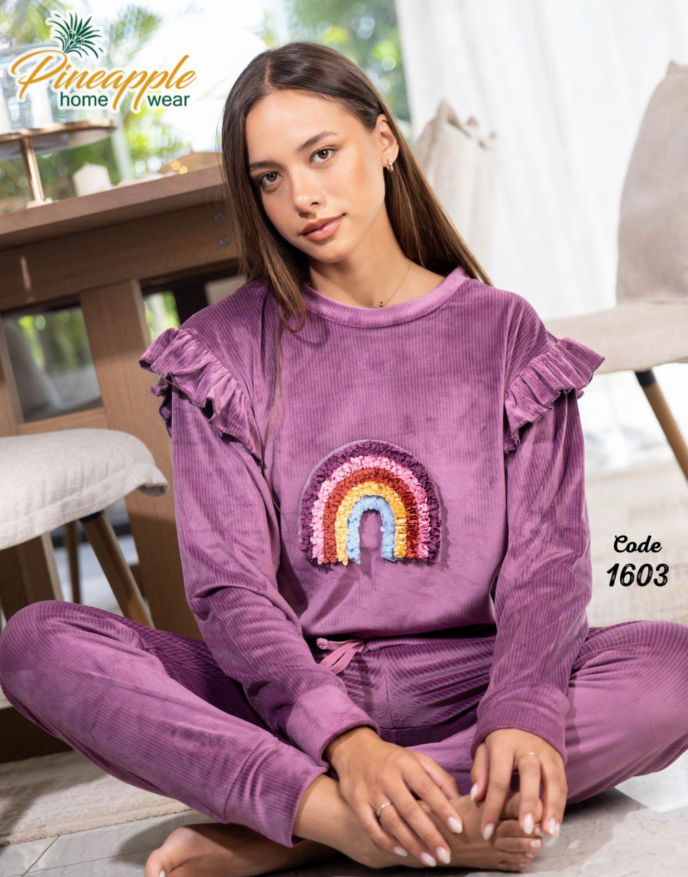 A playful purple ensemble featuring a rainbow motif