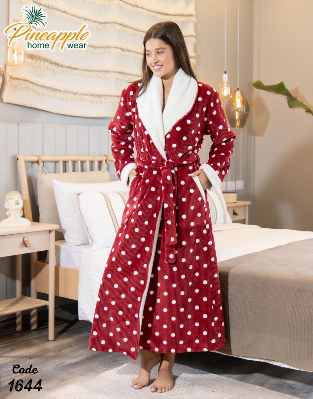 Women's Red & White Polka Dot Plush Bathrobe