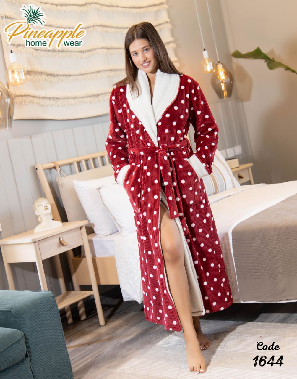 Women's Red & White Polka Dot Plush Bathrobe
