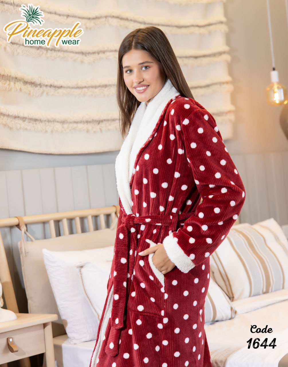 Women's Red & White Polka Dot Plush Bathrobe