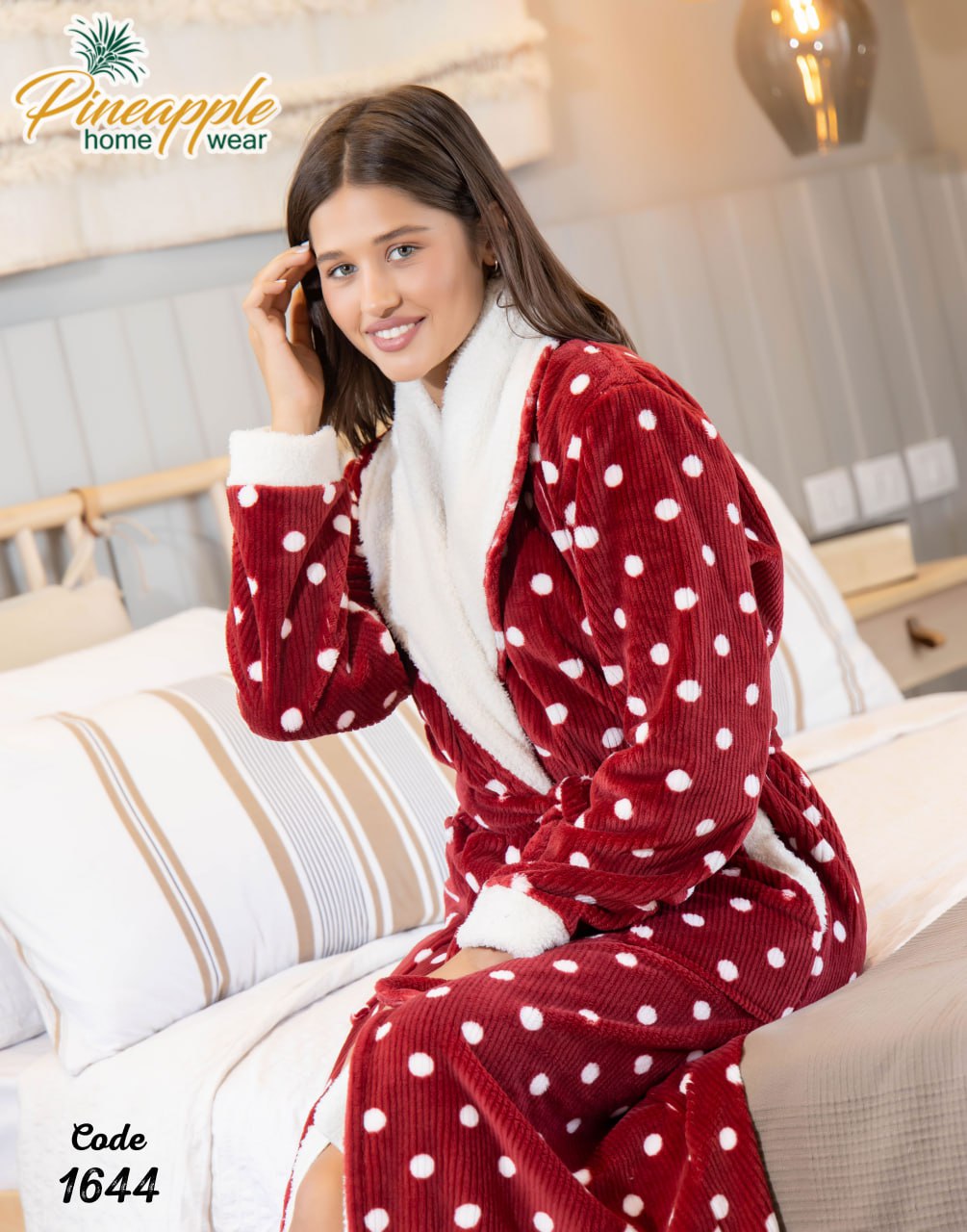 Women's Red & White Polka Dot Plush Bathrobe