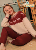 Woman wearing a red and white patterned sweater sitting on the floor with 'Pineapple Home Wear' branding.