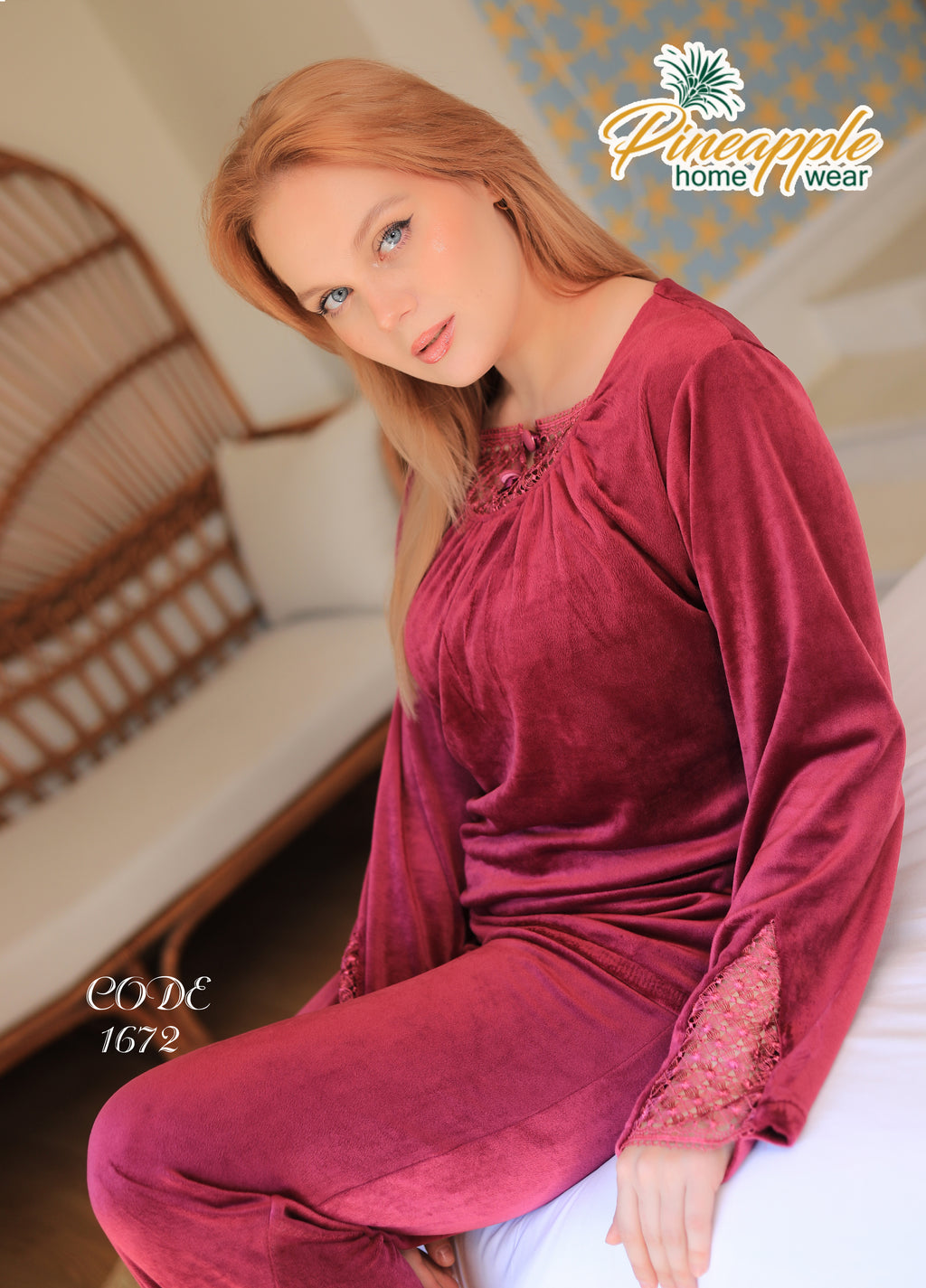 Woman wearing a burgundy velvet outfit with 'Pineapple Home Wear' branding.