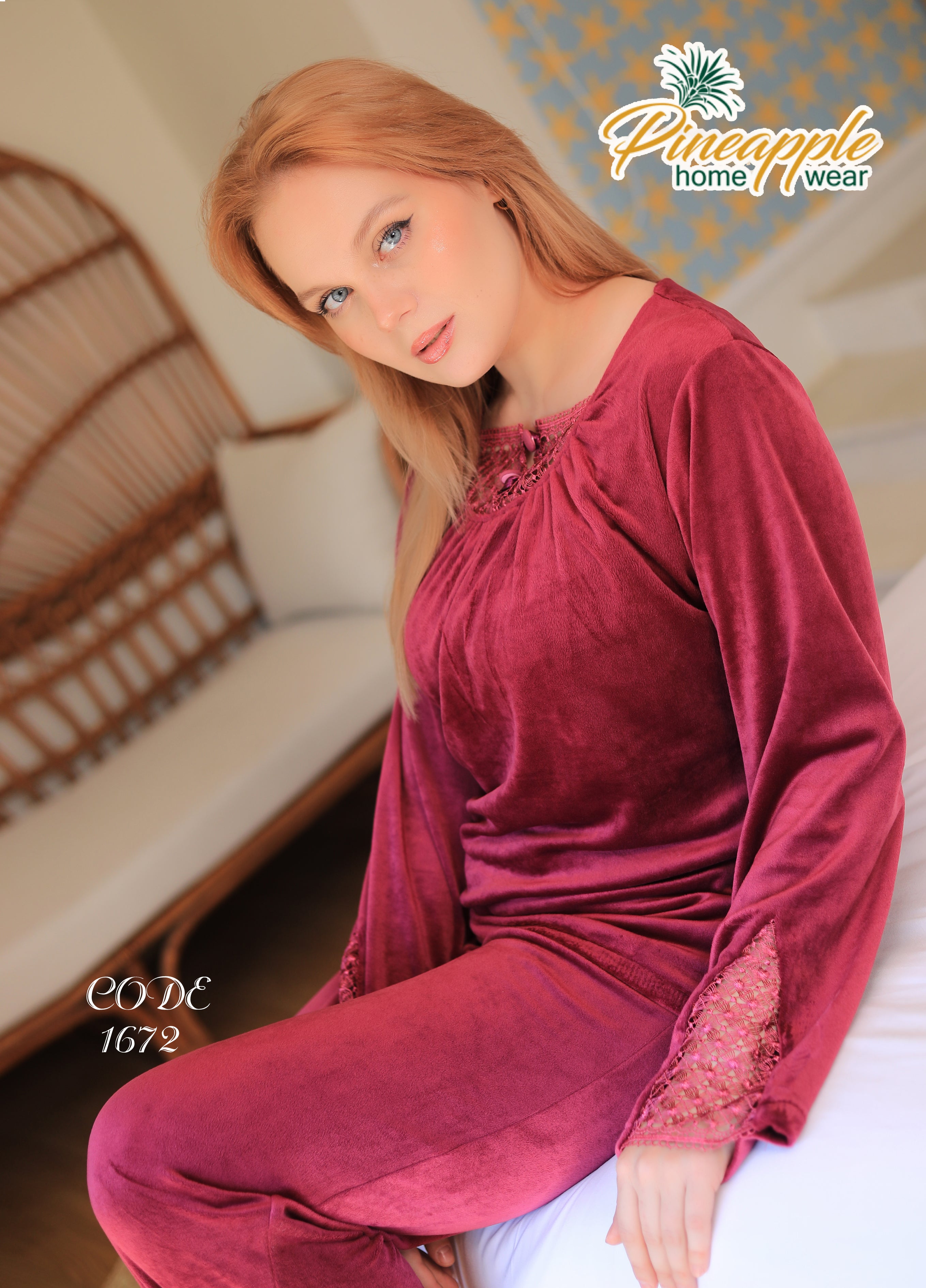 Woman wearing a burgundy velvet outfit with 'Pineapple Home Wear' branding.