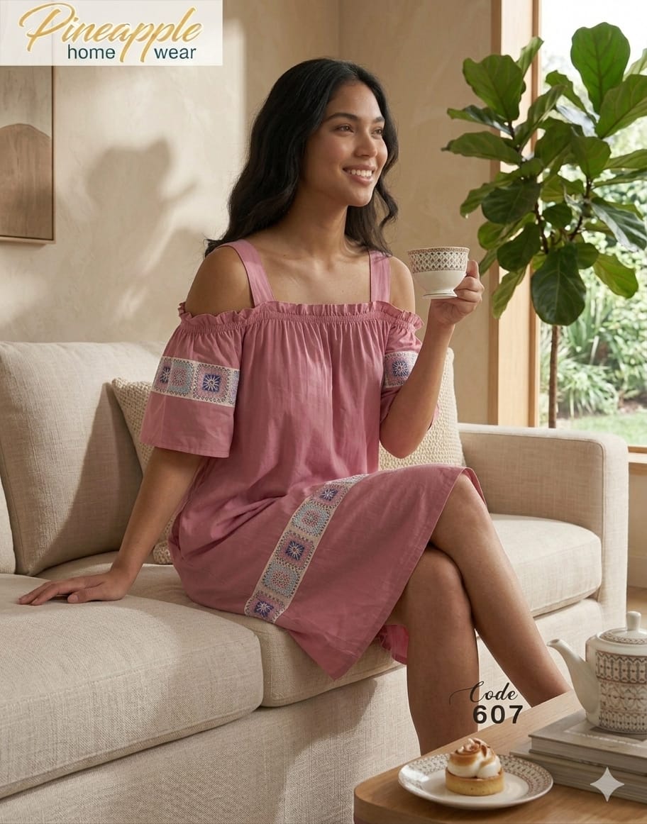 Woman in a pink dress sitting on a couch holding a cup, with 'Pineapple Home Wear' branding.