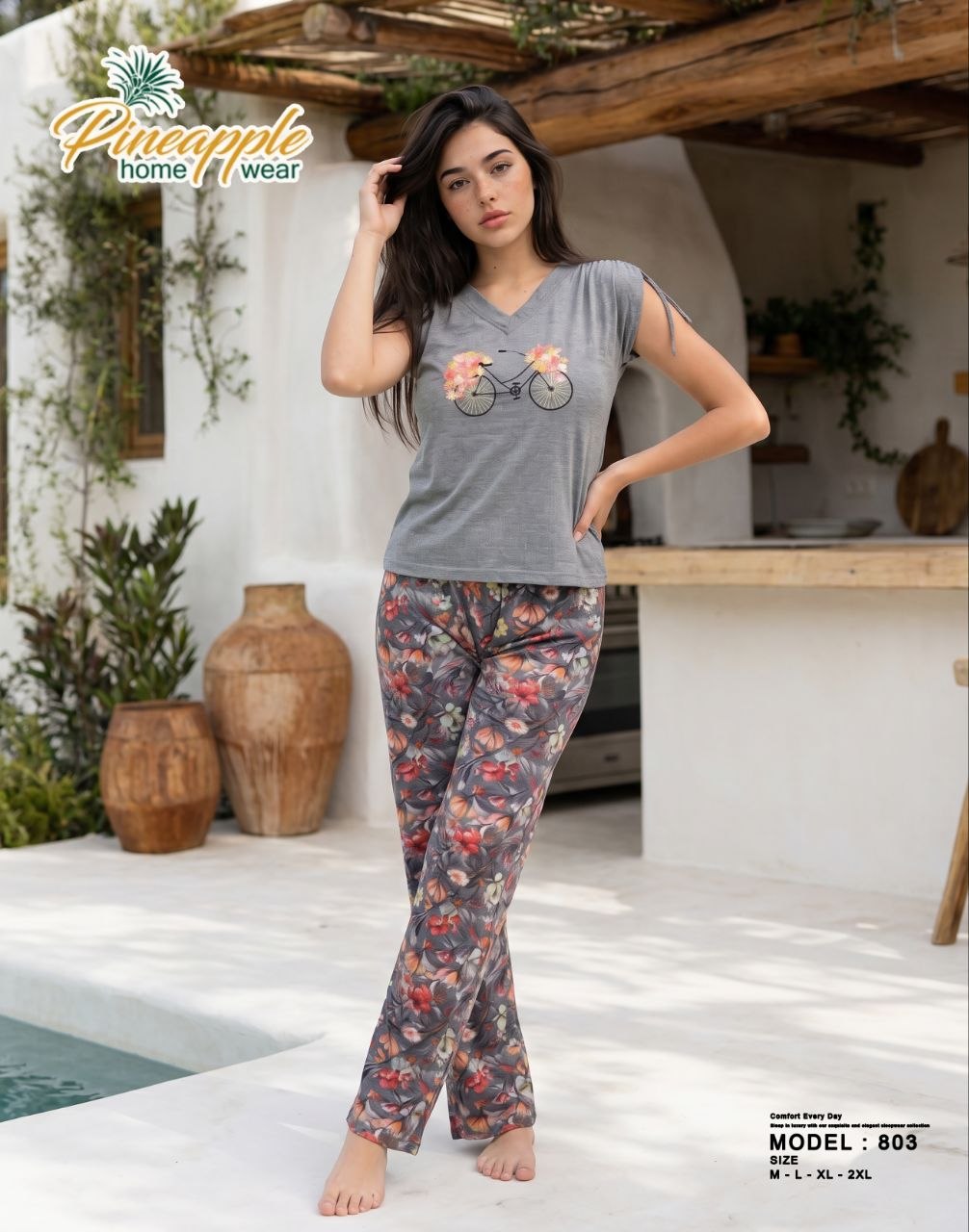 Gray Bicycle Print T-Shirt & Floral Lounge Pants Set