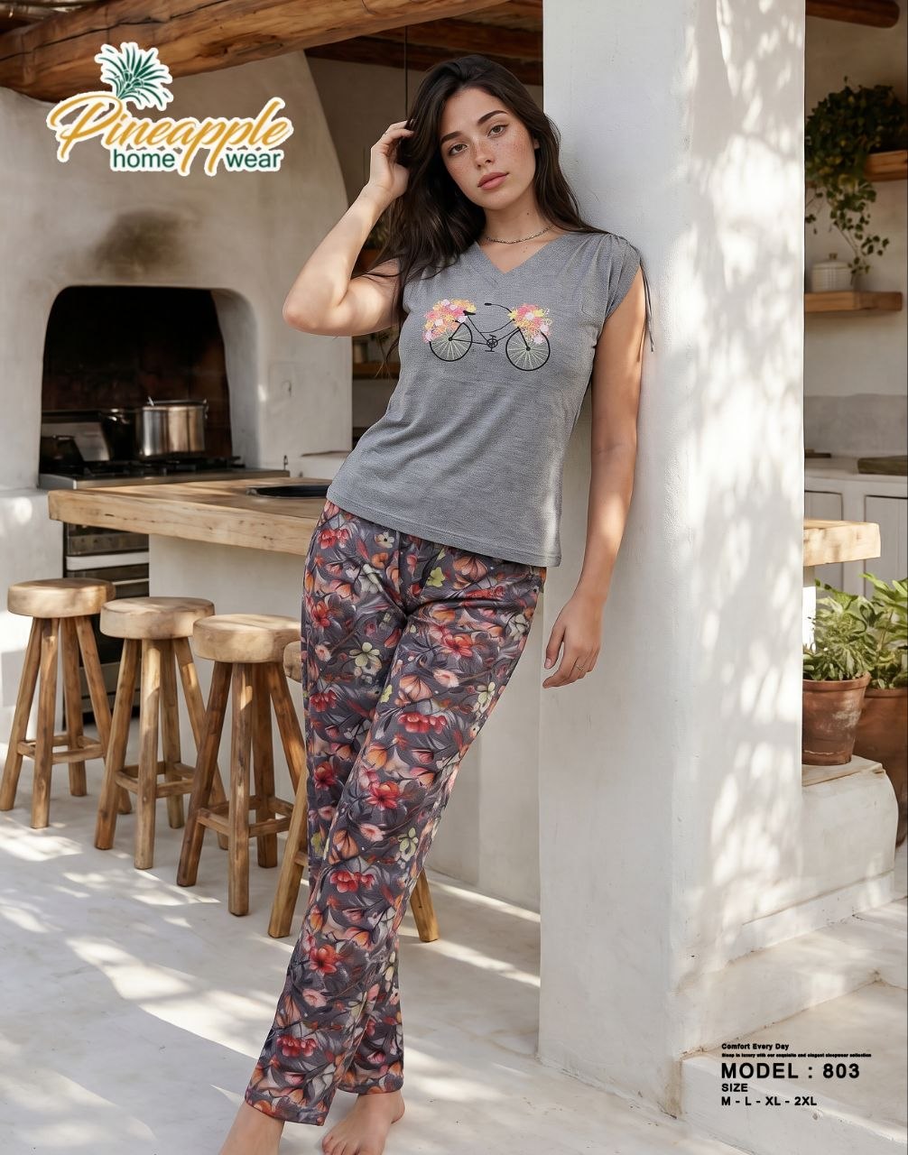 Gray Bicycle Print T-Shirt & Floral Lounge Pants Set