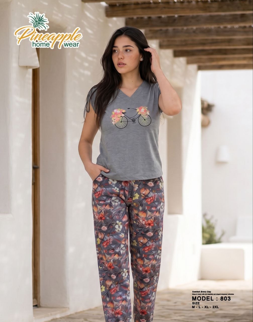 Gray Bicycle Print T-Shirt & Floral Lounge Pants Set
