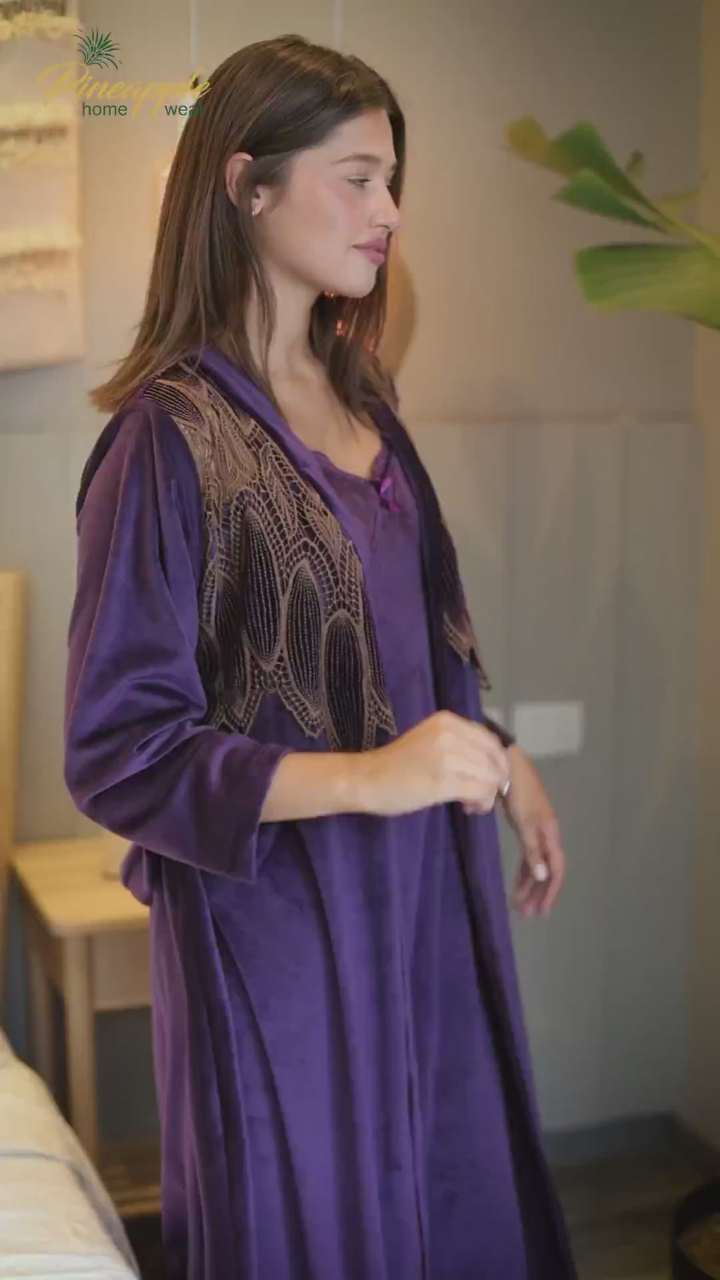Woman wearing a purple satin nightgown 